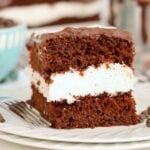 A thick slice of Hostess-style chocolate sheet cake.