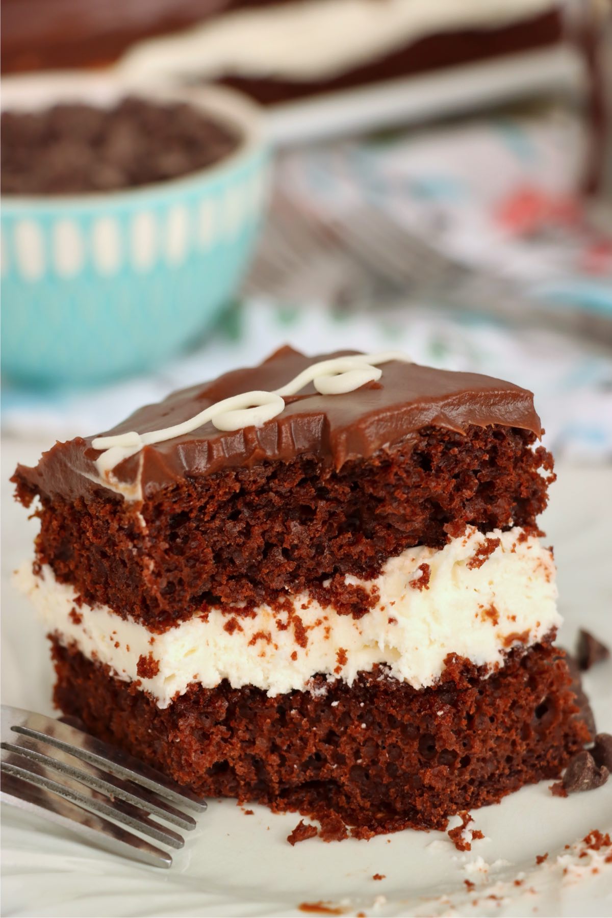 Slice of homemade Hostess cake with a bite out of it.