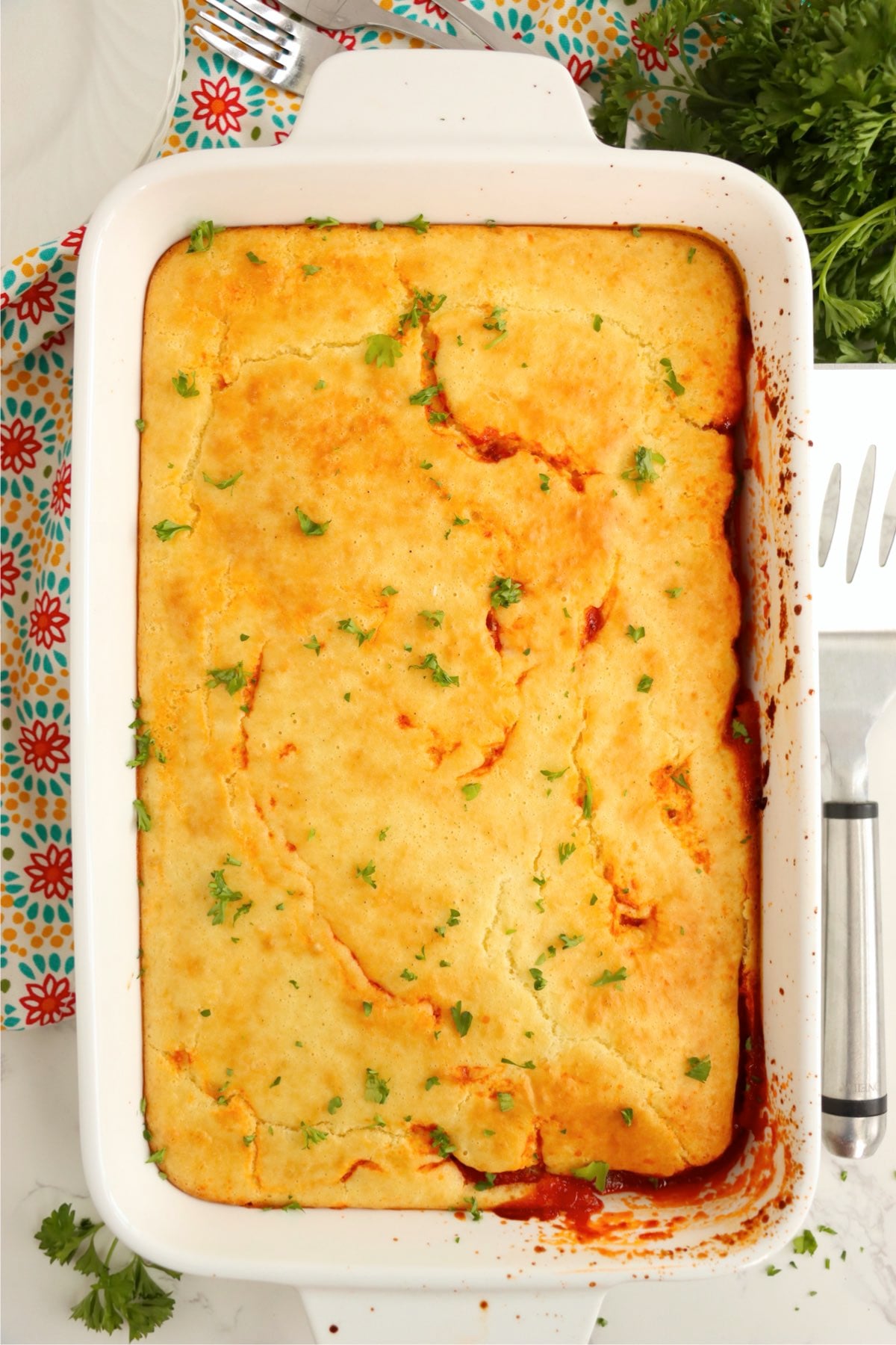 Sloppy Joe casserole with a golden crust.