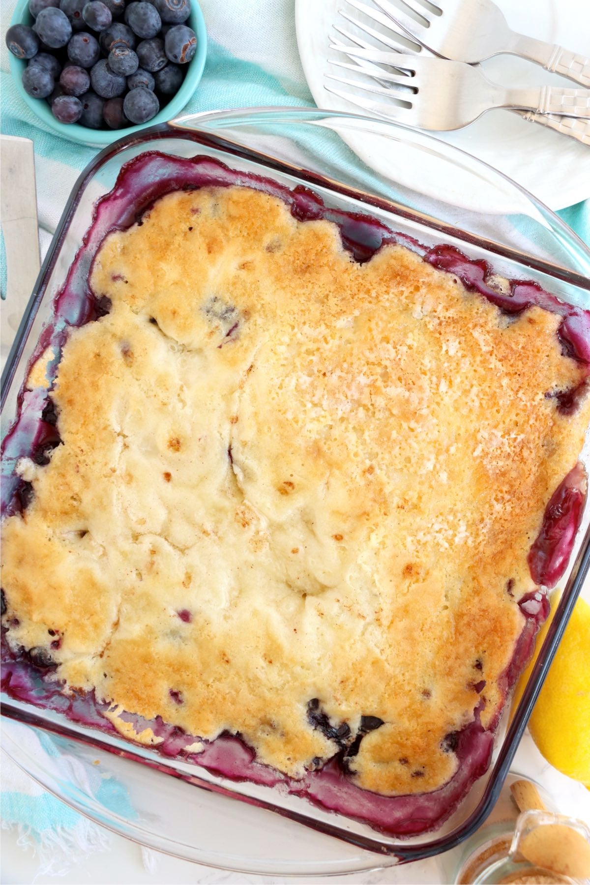 Freshly baked blueberry pudding cake with a golden top and bubbling fruit edges.