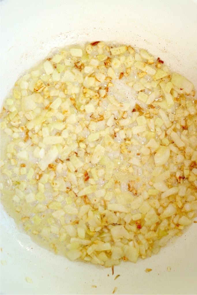 Onions cooking in butter and olive oil.