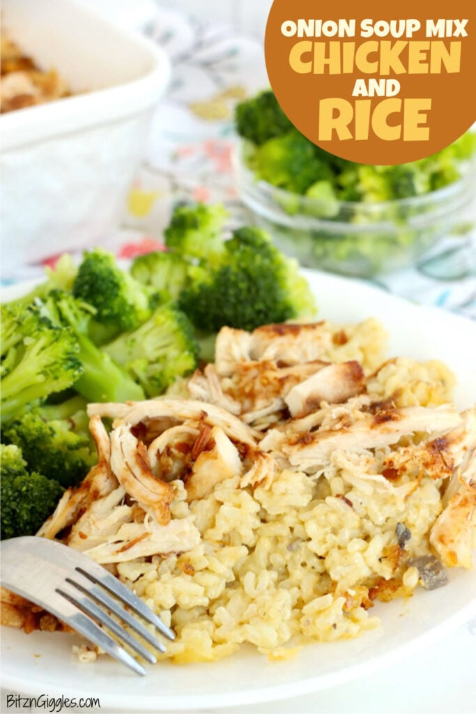 Plate of creamy chicken and rice casserole served with steamed broccoli alongside the baking dish.