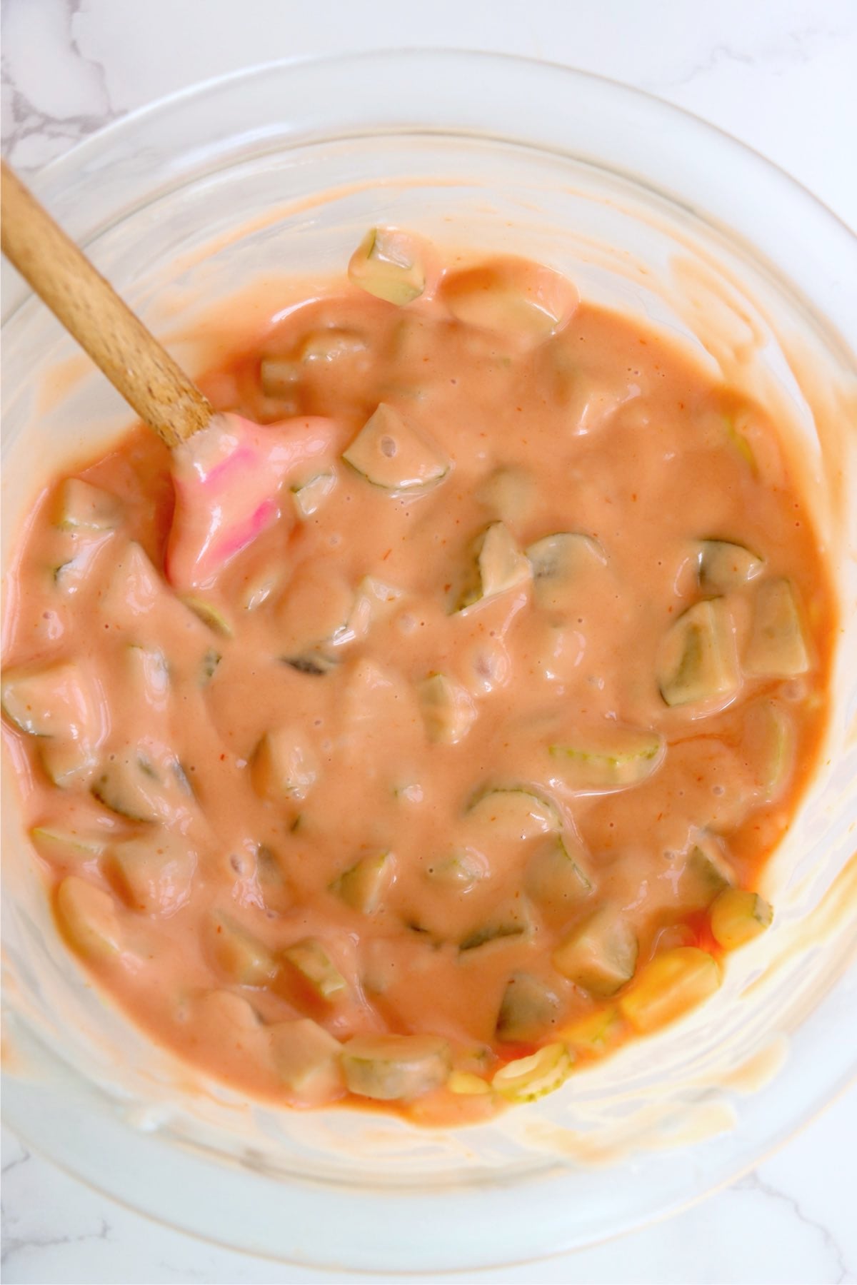 Creamy Big Mac sauce mixed with pickles.