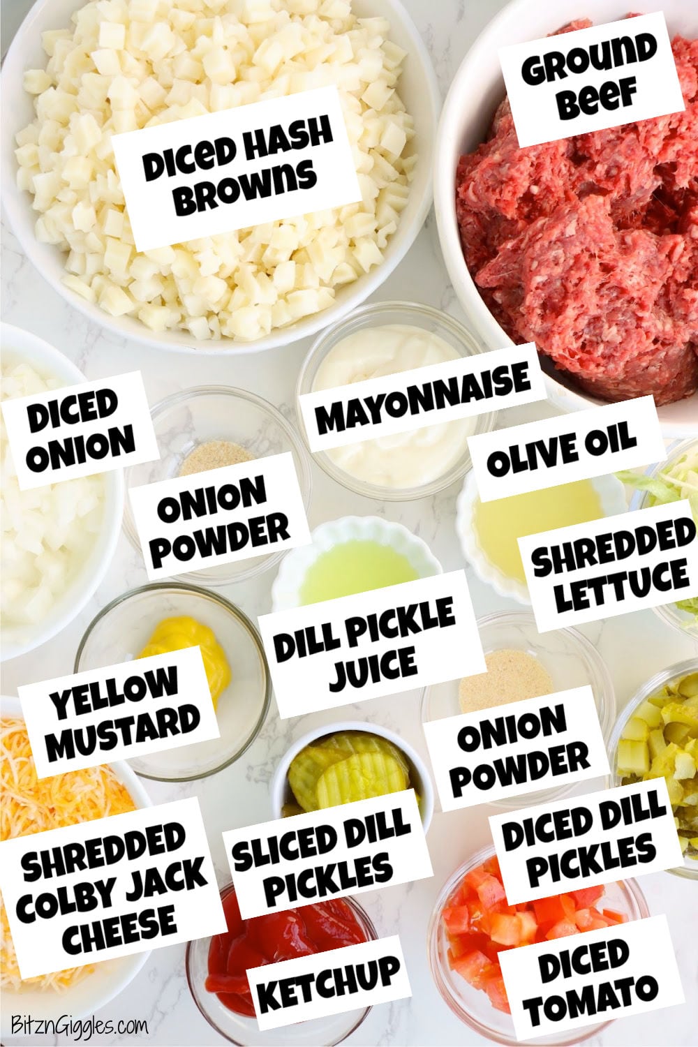 Ingredients for Big Mac casserole including ground beef, hashbrowns, cheese, pickles, and sauce components