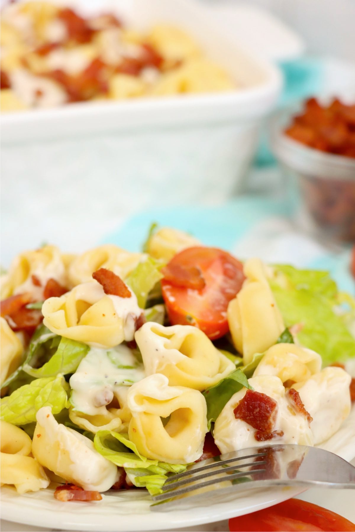 Plated tortellini pasta salad with ranch dressing, crispy bacon, lettuce, and fresh tomatoes.
