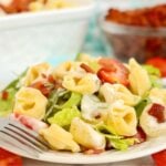 Plated serving of cold tortellini salad with bacon, lettuce, grape tomatoes, and creamy ranch dressing.