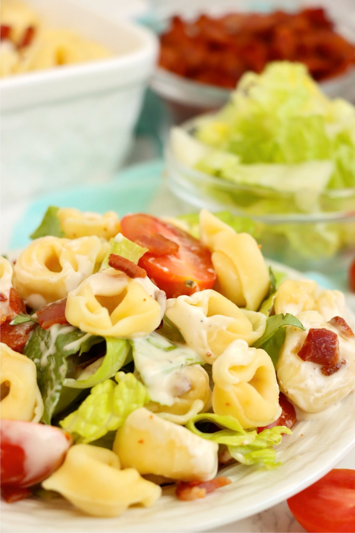 Creamy cold tortellini salad with crispy bacon and ranch dressing served on a white plate.