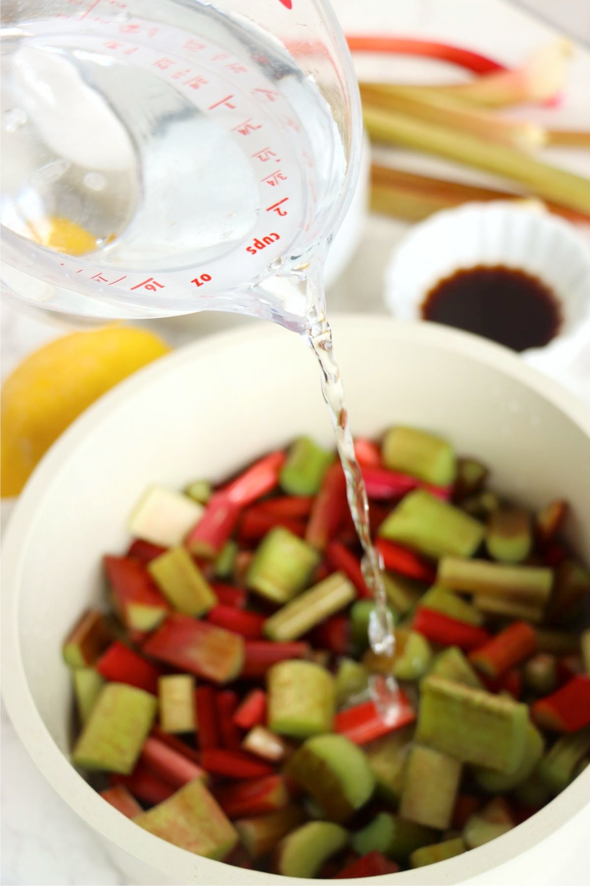 Chopped fresh rhubarb added to a saucepan as water is poured in.