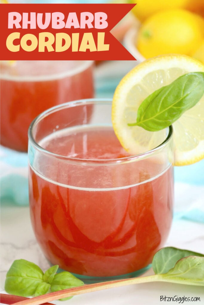 Rhubarb cordial in a glass with lemon garnish.