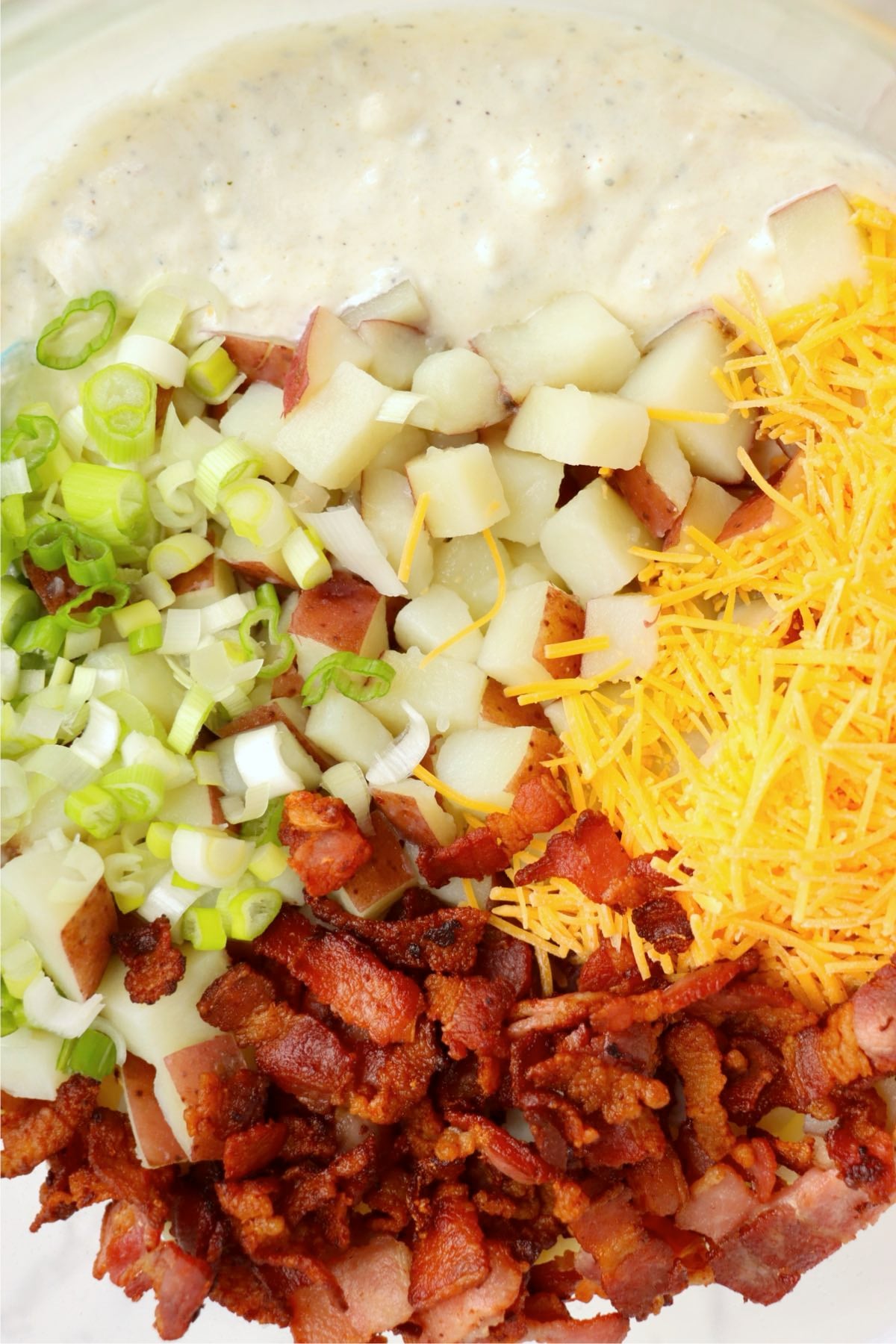 Ranch dressing mixed with cooked red potatoes, shredded cheddar cheese, bacon crumbles and sliced green onions.