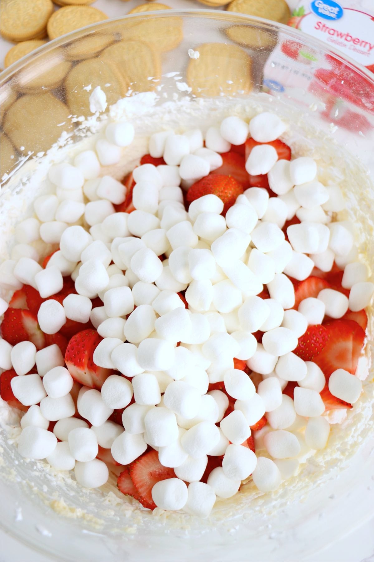 Fresh strawberries and mini marshmallows folded into cheesecake fluff mixture.