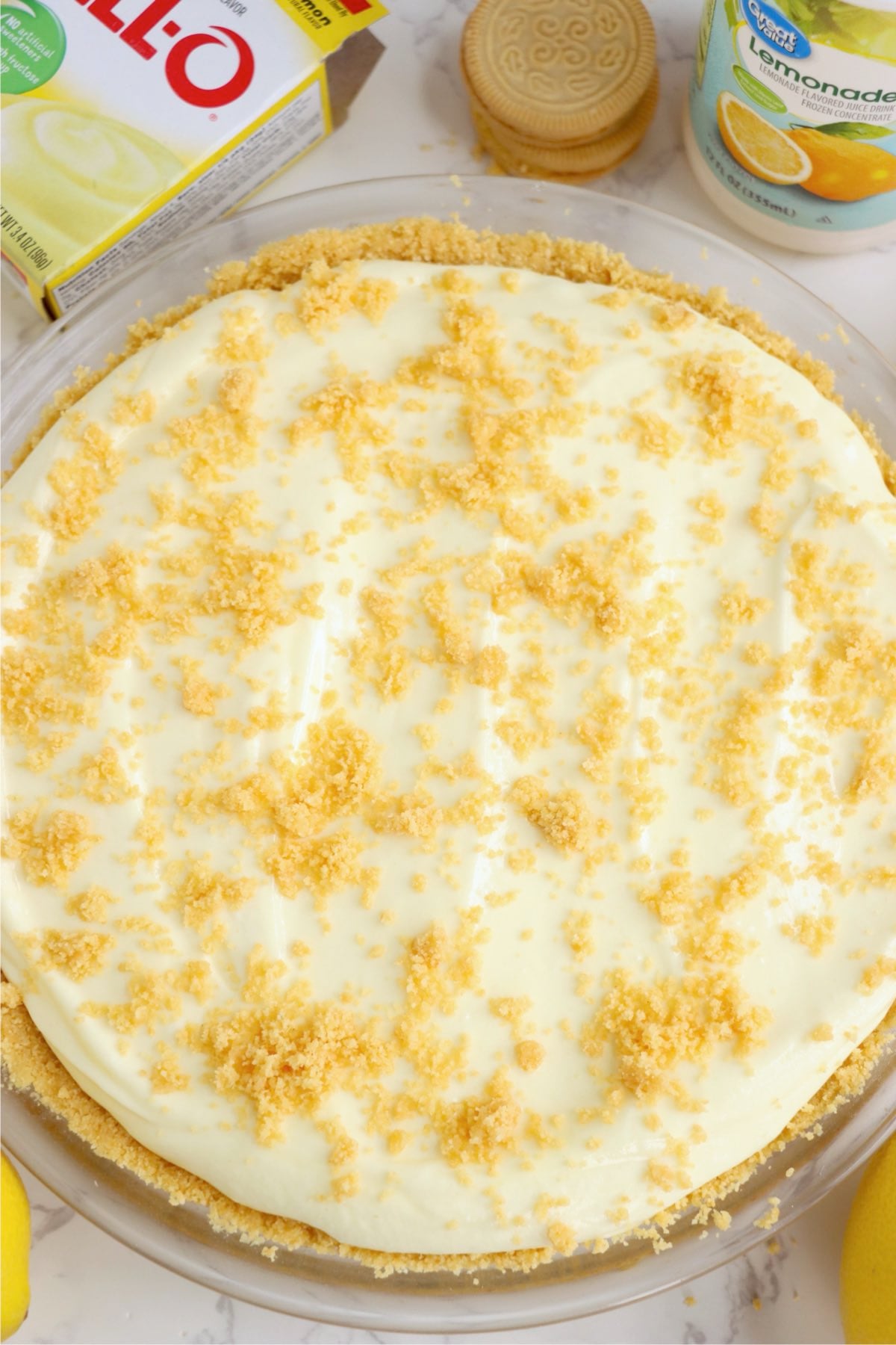 Golden cookie crumbs sprinkled on top of a frozen lemonade pie.