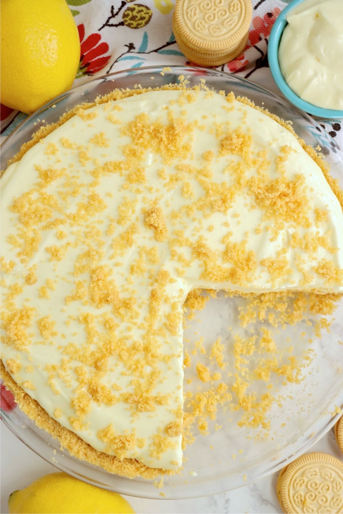 Round chilled pie with one slice removed.