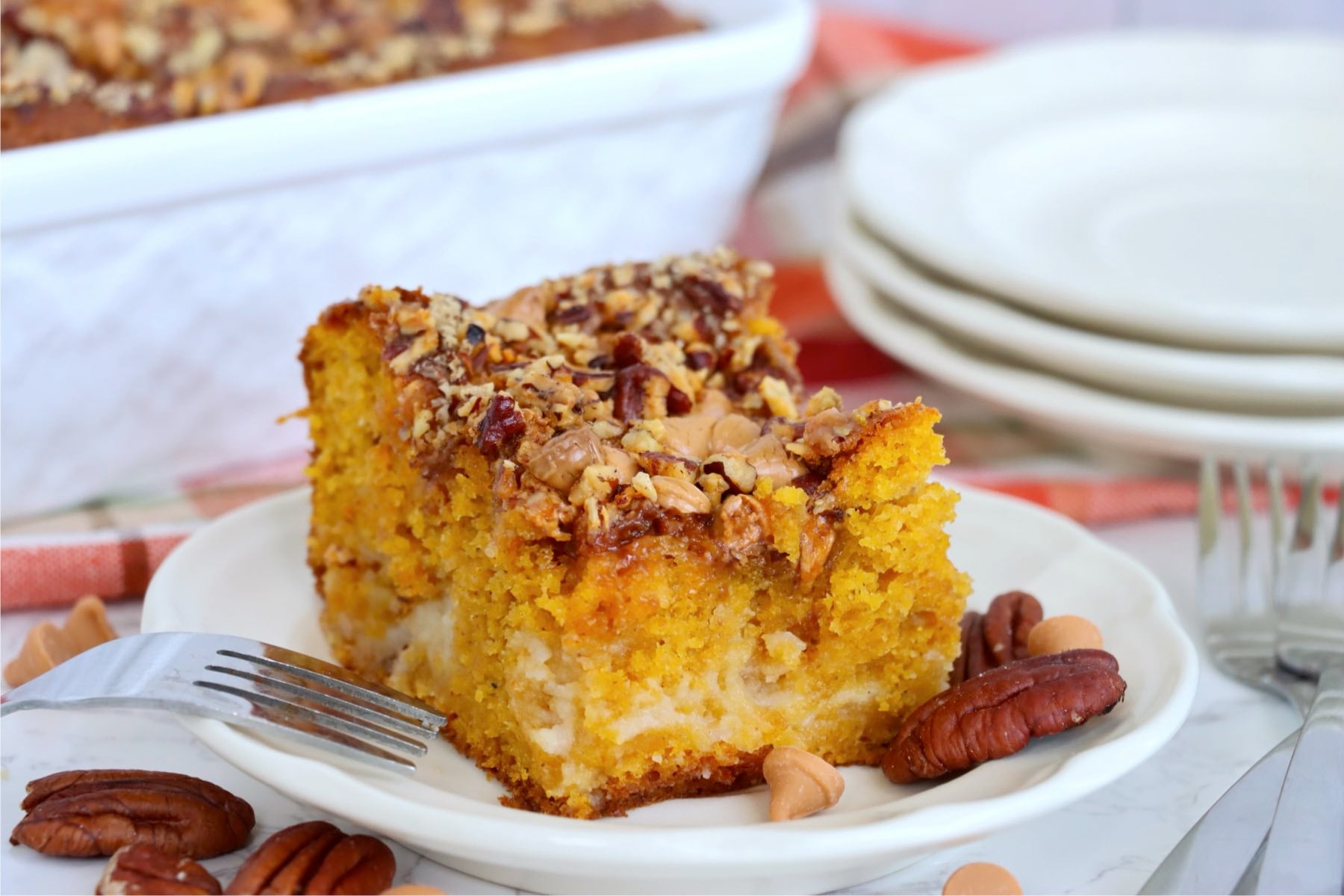 Square of pumpkin earthquake cake with cream cheese ribbons, chopped pecans and butterscotch chips sits on a white plate.