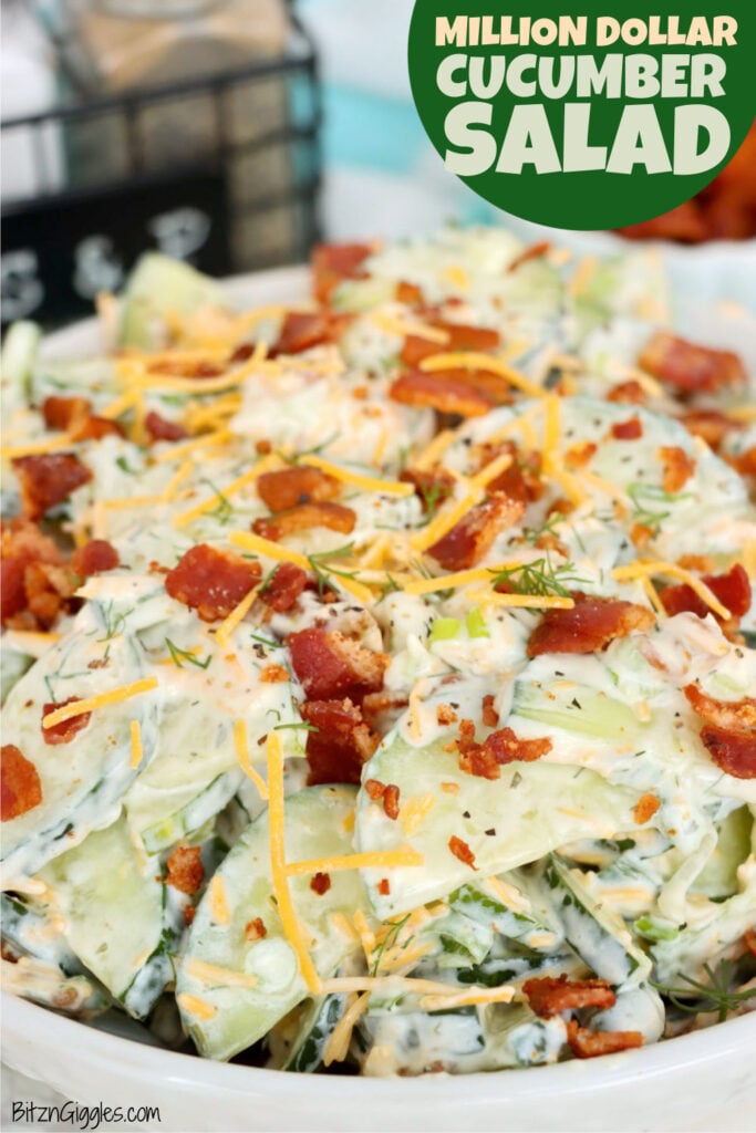 Creamy cucumber slices tossed with crisp bacon, shredded cheddar, green onions and fresh dill.