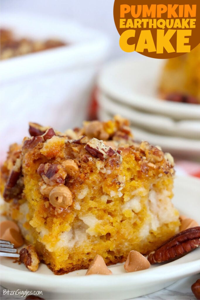 Slice of pumpkin earthquake cake with toasted pecans and softened butterscotch chips.