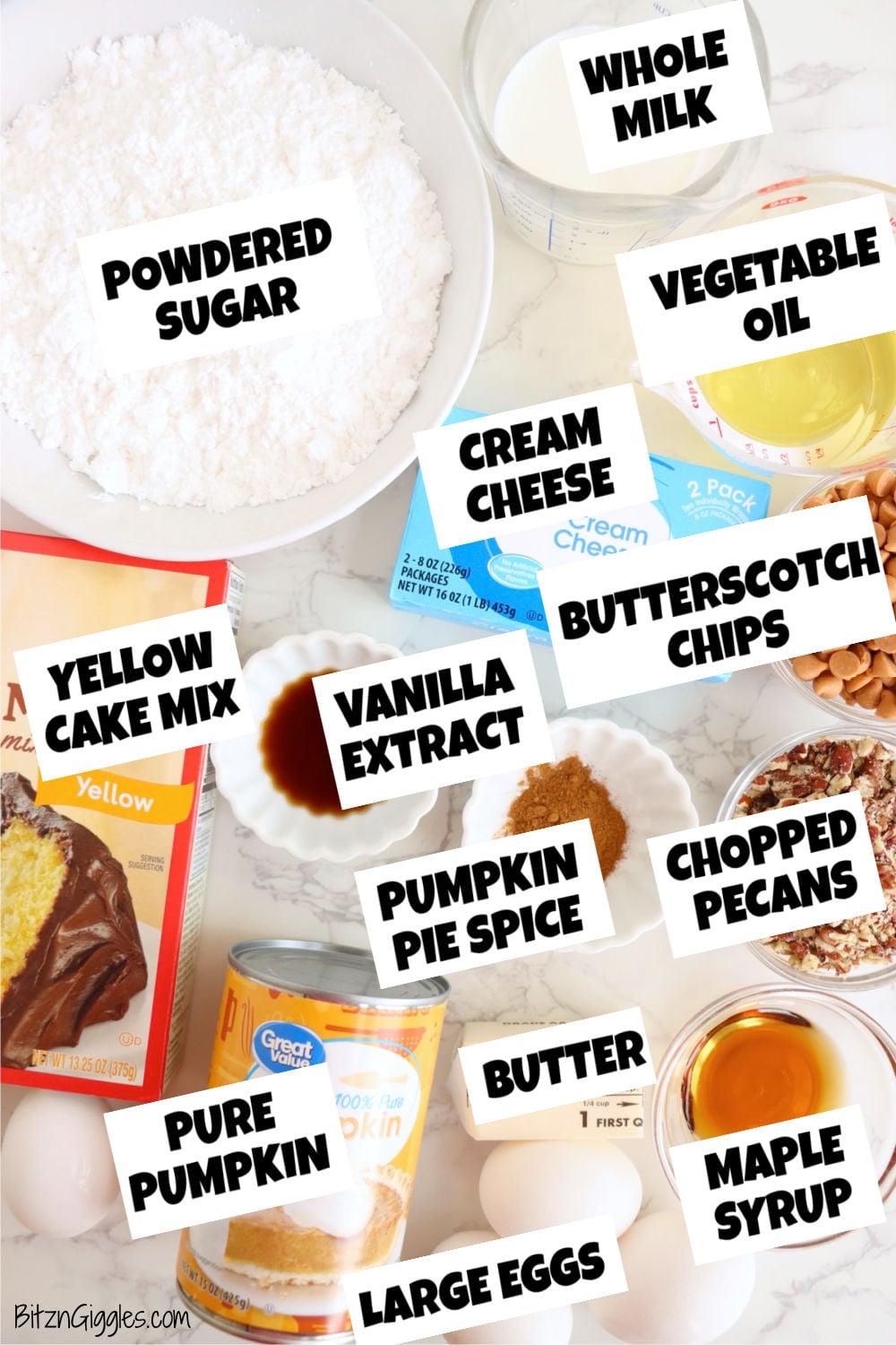 Yellow cake mix, pumpkin purée, eggs, cream cheese, powdered sugar, milk, oil, vanilla, maple syrup, pecans and chips.