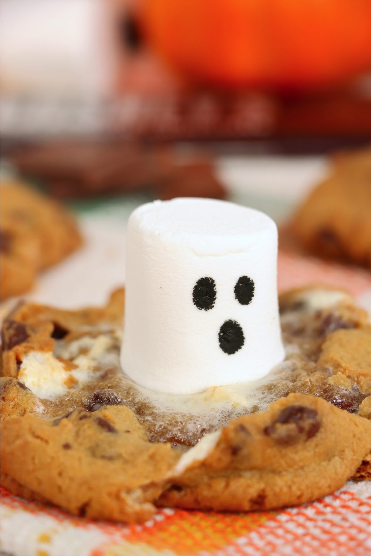 A white marshmallow ghost nestled in melted marshmallow and soft chocolate chip cookie.