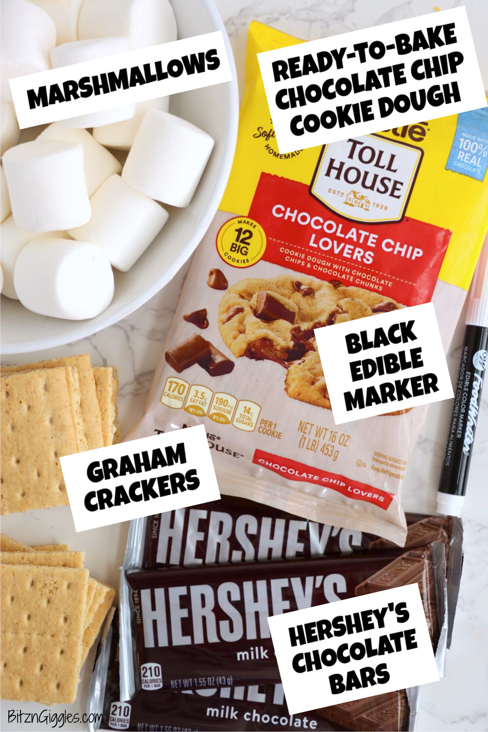 Graham crackers, milk chocolate bars, large marshmallows, packaged chocolate chip cookie dough, and black edible marker on a white background.