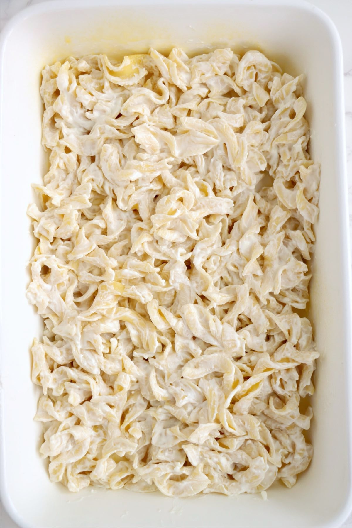 Cooked egg noodles evenly coated in a thick, creamy cream cheese and sour cream mixture.